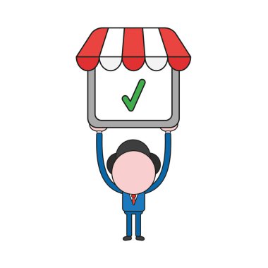 Vektör illüstrasyon kavramı işadamı karakterinin mağaza onay işareti ile gidiyor. Renk ve siyah anahatlar.