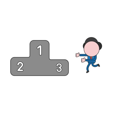 Vektör çizim kazanan podyum için çalışan işadamı karakter kavramı. Renk ve siyah anahatlar.