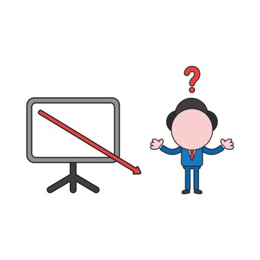 Vektör illüstrasyon kavramı satış grafiği ok aşağı hareket ile karışık iş adamı karakteri. 