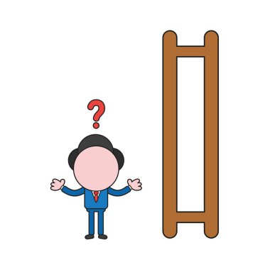 Merdiven eksik adımları ile işadamı karakter vektör illüstrasyon kavramı karıştı. Renk ve siyah anahatlar.