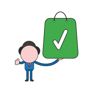 Vektör çizim işadamı karakter holding alışveriş çantası ile onay işareti kavramı. Renk ve siyah anahatlar.