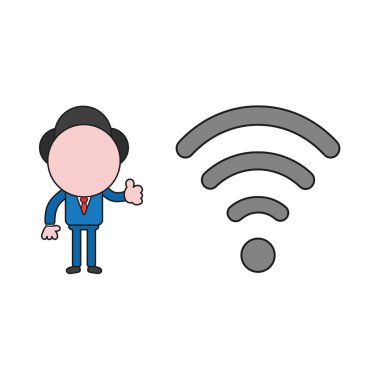 Vektör illüstrasyon kavramı kablosuz wifi sembolü ve gösteren başparmak-up ile işadamı karakteri. Renk ve siyah anahatlar.