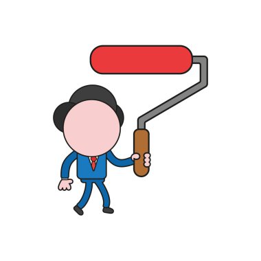 Vektör çizim yürüyüş ve fırça rulo tutan işadamı karakter kavramı. Renk ve siyah anahatlar.