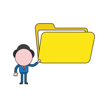 Vektör çizim açılan dosya klasörü tutan işadamı karakter kavramı. Renk ve siyah anahatlar.