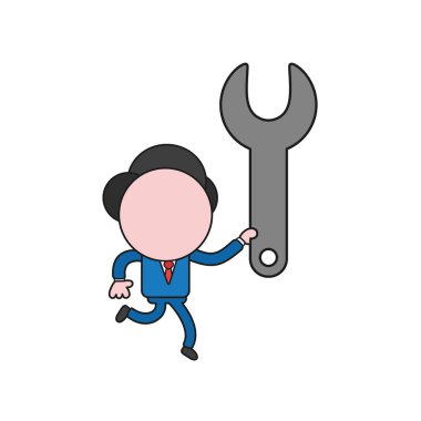 Vektör çizim çalıştıran ve somun anahtarı taşıyan işadamı karakter kavramı. Renk ve siyah anahatlar.