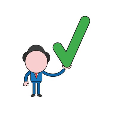 Vektör çizim işadamı karakter holding onay işareti kavramı. Renk ve siyah anahatlar.
