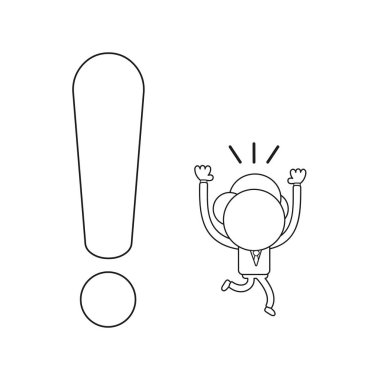 Vektör çizim ünlem işareti uzak çalışan işadamı karakter kavramı. Siyah anahat.