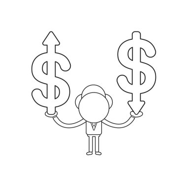 Ok yukarı ve aşağı hareket ile doları sembolleri tutan işadamı karakterinin vektör illüstrasyon kavramı. Siyah anahat.