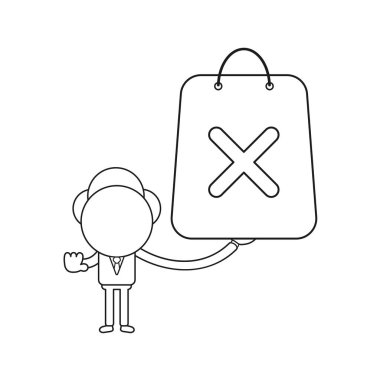Vektör çizim işadamı karakter holding alışveriş çantası ile x işareti kavramı. Siyah anahat.