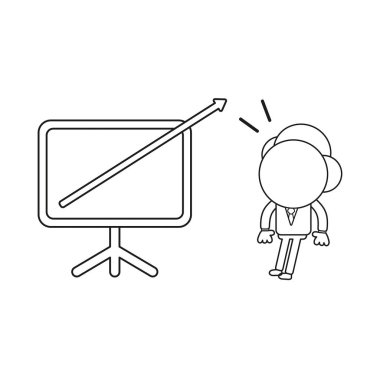 Vektör çizim satış grafiği ok yukarı ve dışarı grafik hareket ile işadamı karakter kavramı. Siyah anahat.