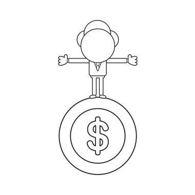 Vektör illüstrasyon kavramı işadamı karakter duran doları sikke üzerinde. Siyah anahat.