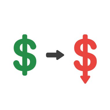 Vektör çizim simgesi doları sembolü ok aşağı hareket kavramı.