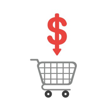 Vektör çizim simgesini kavramı doları sembolü ok aşağı hareket ile alışveriş sepeti.
