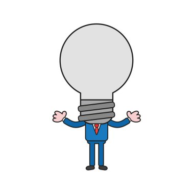 Ampul kafa ile işadamı karakterinin vektör illüstrasyon kavramı. Renk ve siyah anahatlar.