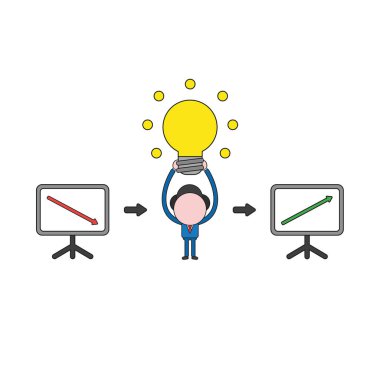 Vektör çizim yukarı aşağı ve yukarı hareket parlayan ampul fikir ve satış grafiği ok tutan işadamı karakter kavramı. Renk ve siyah anahatlar.