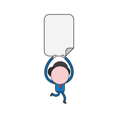 Vektör çizim çalıştıran ve boş kağıt taşıyan işadamı karakter kavramı. Renk ve siyah anahatlar.