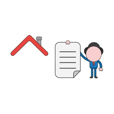 Evin çatısı ve holding kağıt yazılı işadamı karakterinin vektör illüstrasyon kavramı. Renk ve siyah anahatlar.