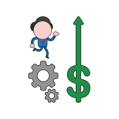 Vektör çizim dişliler ve yukarı hareket doları ok üzerinde çalışan işadamı karakter kavramı. Renk ve siyah anahatlar.