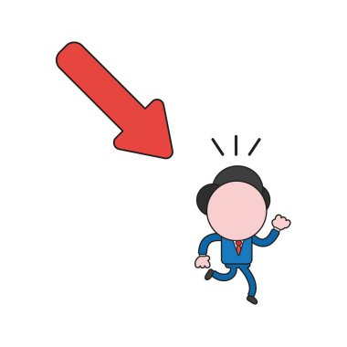 Vektör çizim hareket ok uzak çalışan işadamı karakter kavramı. Renk ve siyah anahatlar.