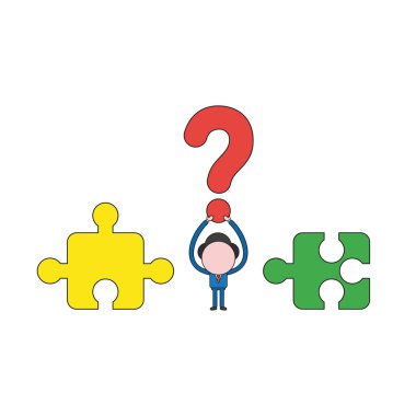 Vektör illüstrasyon kavramı işadamı karakter soru işareti uyumsuz puzzle parçaları arasında gidiyor. Renk ve siyah anahatlar.