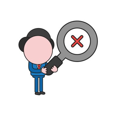 Vektör çizim işadamı karakter holding büyüteç ile x işareti kavramı. Renk ve siyah anahatlar.