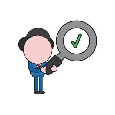 Vektör çizim işadamı karakter holding Büyüteç onay işareti kavramı. Renk ve siyah anahatlar.