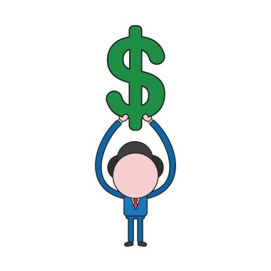 Vektör çizim doları sembolü kadar tutan işadamı karakter kavramı. Renk ve siyah anahatlar.