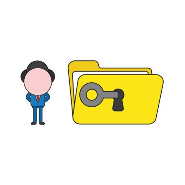 Vektör illüstrasyon kavramı işadamı karakterinin anahtar ile dosya klasör kilidini. Renk ve siyah anahatlar.
