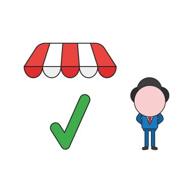 Vektör illüstrasyon kavramı store tente altında onay işareti ile işadamı karakteri. Renk ve siyah anahatlar.