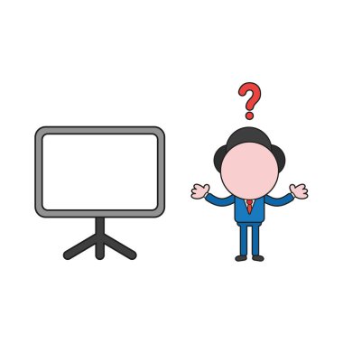 Vektör illüstrasyon kavramı boş sunu grafik ile karışık işadamı karakteri. Renk ve siyah anahatlar.