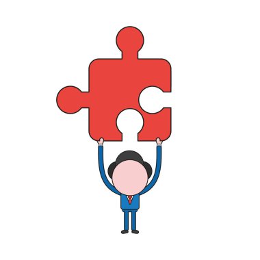 Vektör çizim bulmaca parçası kadar tutan işadamı karakter kavramı. Renk ve siyah anahatlar.