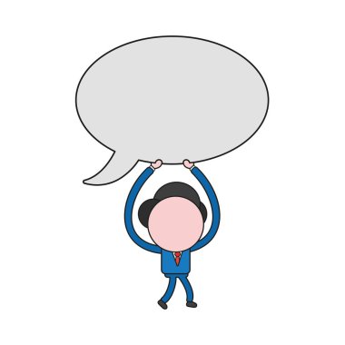 Vektör çizim yürüyüş ve boş konuşma balonu taşıyan işadamı karakter kavramı. Renk ve siyah anahatlar.