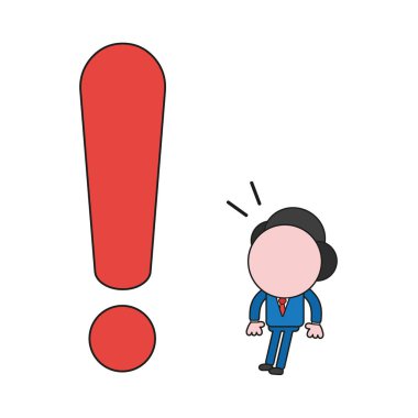 Vektör illüstrasyon kavramı işadamı karakter büyük ünlem işareti sürpriz. Renk ve siyah anahatlar.