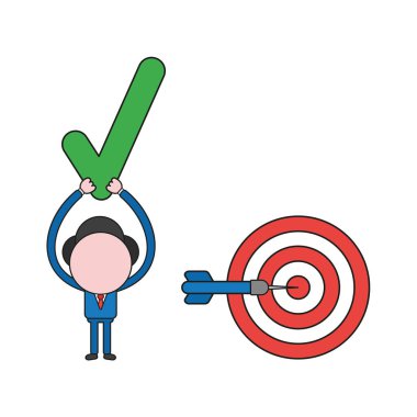 Vektör illüstrasyon kavramı ile boğa göz merkezi ve onay işareti kadar tutan dart ile işadamı karakteri. Renk ve siyah anahatlar.
