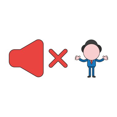 Vektör illüstrasyon kavramı ses kapalı sembolü ile işadamı karakteri. Renk ve siyah anahatlar.