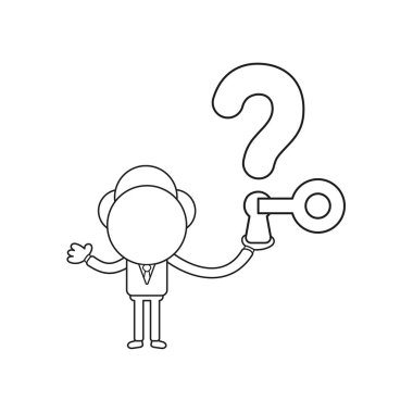 Soru işareti ile anahtar deliği ve anahtar tutan işadamı karakter vektör illüstrasyon kavramı kilidini. Siyah anahat.