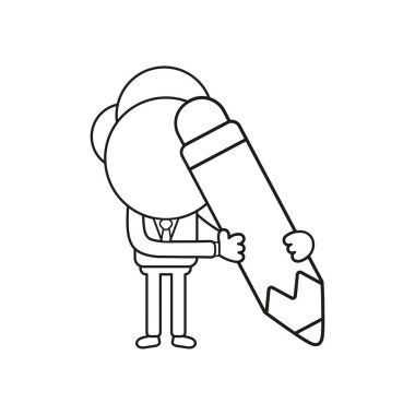 Vektör çizim kalem tutan işadamı karakter kavramı. Siyah anahat.