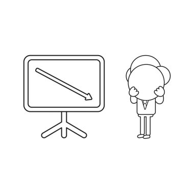 Vektör illüstrasyon kavramı satış grafiği ok aşağı hareket ile işadamı karakteri. Siyah anahat.