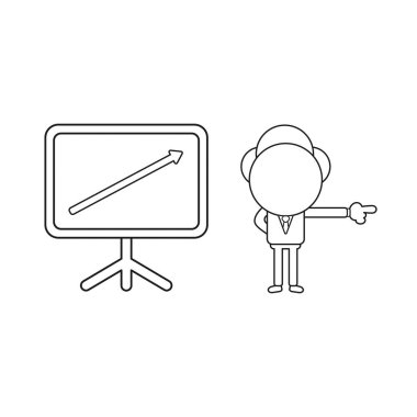 Vektör illüstrasyon kavramı kadar hareketli satış grafiği ok ile işadamı karakteri. Siyah anahat.