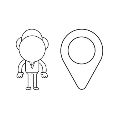 Harita göstergesi ile işadamı karakterinin vektör illüstrasyon kavramı. Siyah anahat.