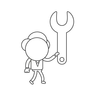 Vektör çizim yürüyüş ve somun anahtarı tutan işadamı karakter kavramı. Siyah anahat.