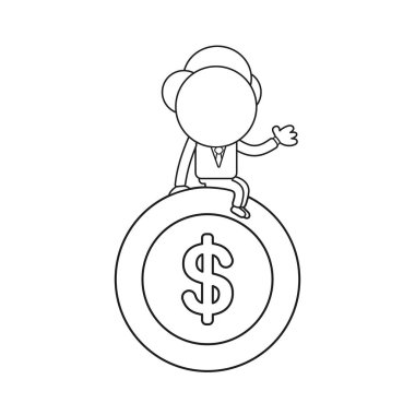 Vektör çizim doları sikke üzerinde oturan işadamı karakter kavramı. Siyah anahat.