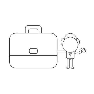 Vektör illüstrasyon kavramı işadamı karakter holding evrak çantası. Siyah anahat.