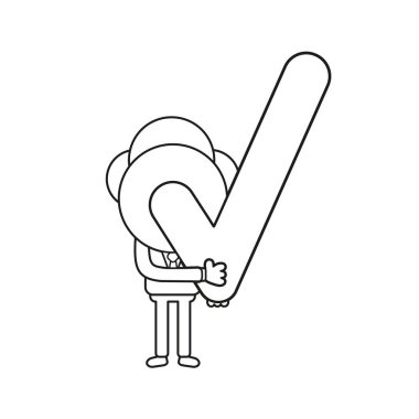 Vektör çizim işadamı karakter holding onay işareti kavramı. Siyah anahat.