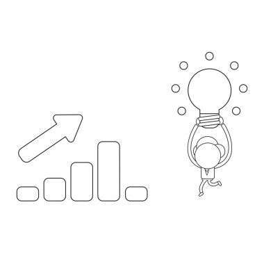 Vektör illüstrasyon parlayan ampul fikir satış çubuk grafiği yukarı ve aşağı hareket için taşıyan işadamı karakter kavramı. Siyah anahat.