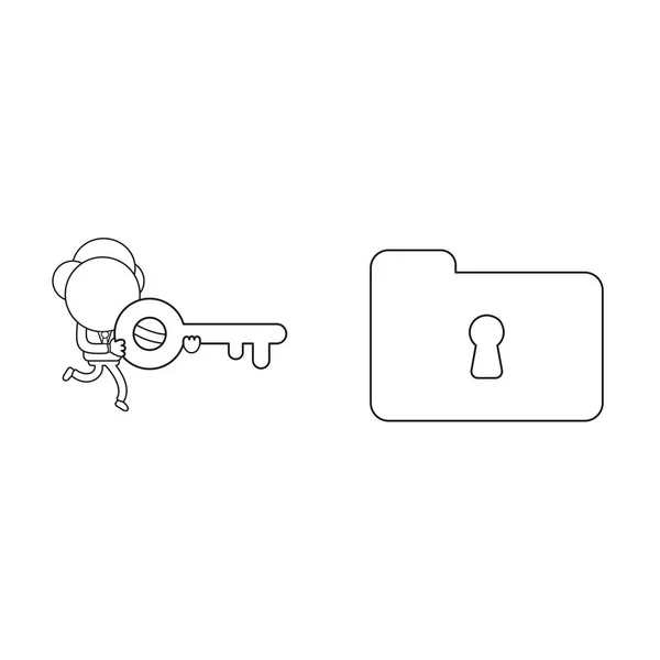 矢量说明概念的商人字符运行和携带锁孔锁定或解锁文件文件夹 黑色轮廓 — 图库矢量图片