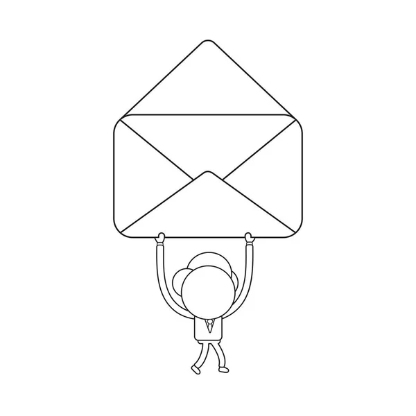 歩いて運ぶビジネスマン文字のベクター イラスト概念は開いたメールの封筒です 黒のアウトライン — ストックベクタ