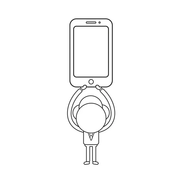 Vector Illustration Concept Businessman Character Holding Smartphone Black Outline — Stock Vector