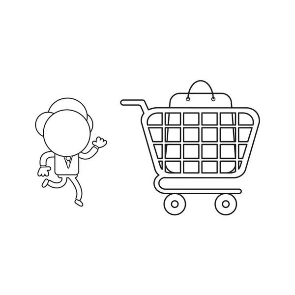 商人角色跑到购物车内购物袋的矢量图解概念 黑色轮廓 — 图库矢量图片