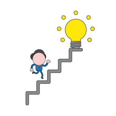 Vektör illüstrasyon parlayan ampul merdiven üstünde çalışan işadamı karakter kavramı. Renk ve siyah anahatlar.